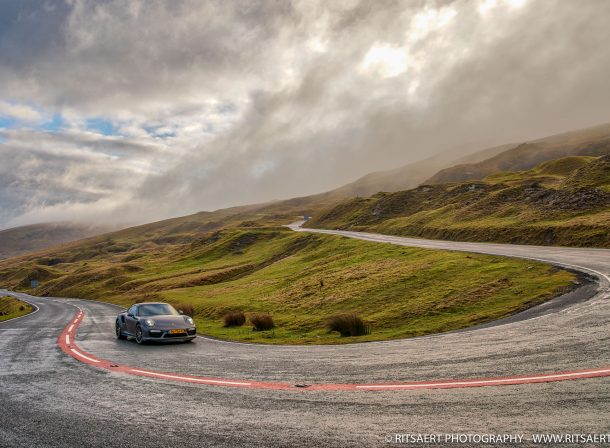 A Porsche 911 Turbo S at Topgears testroad Black Mountain Road A4069 Brecon Beacons Wales UK