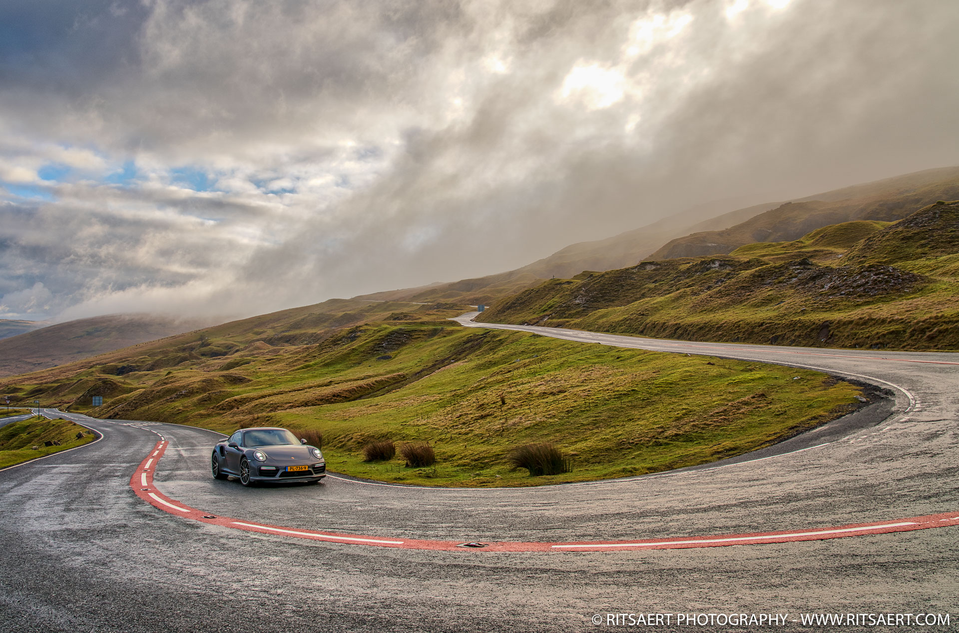 A Porsche 911 Turbo S at Topgears testroad Black Mountain Road A4069 Brecon Beacons Wales UK