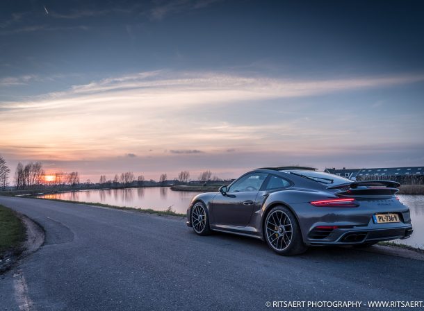A Porsche 911 Turbo S while the sun is going under at Abcoude The Netherlands